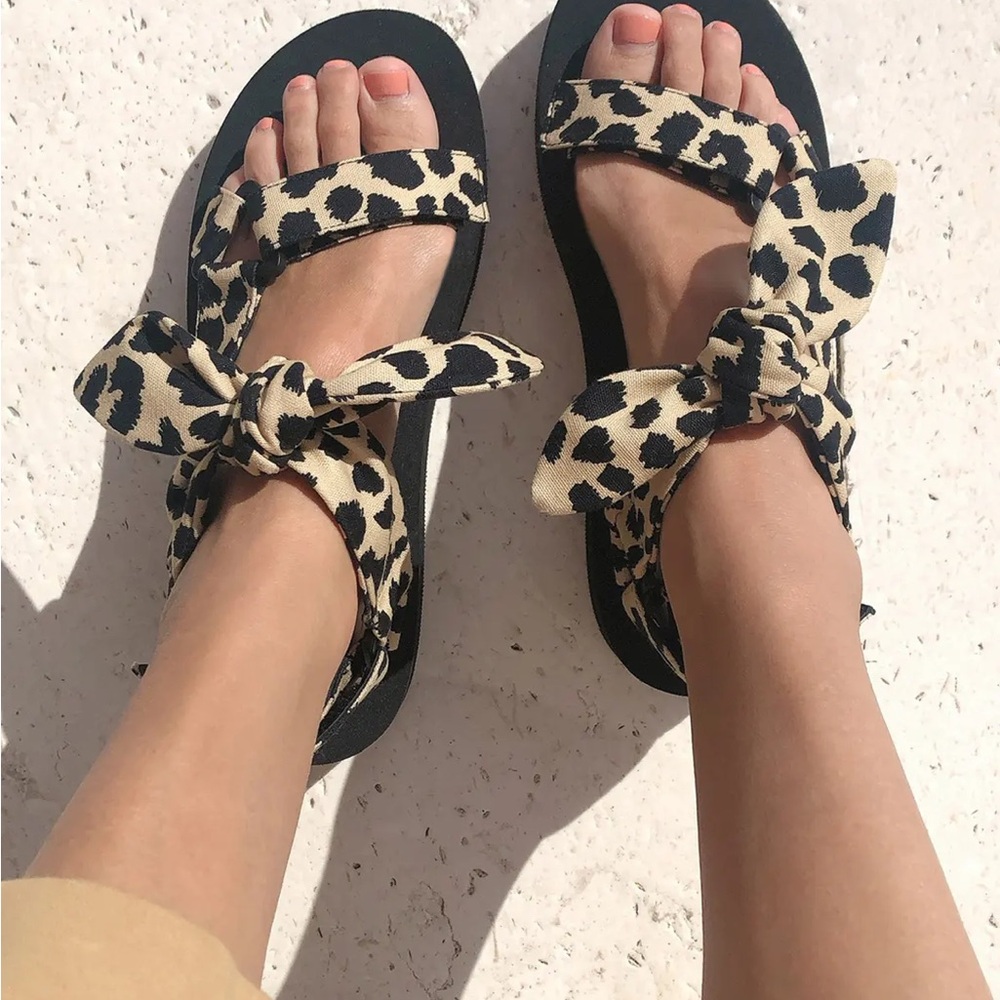 Loeffler Randall Leopard Print Bow Strap Sandals in Black and Cream